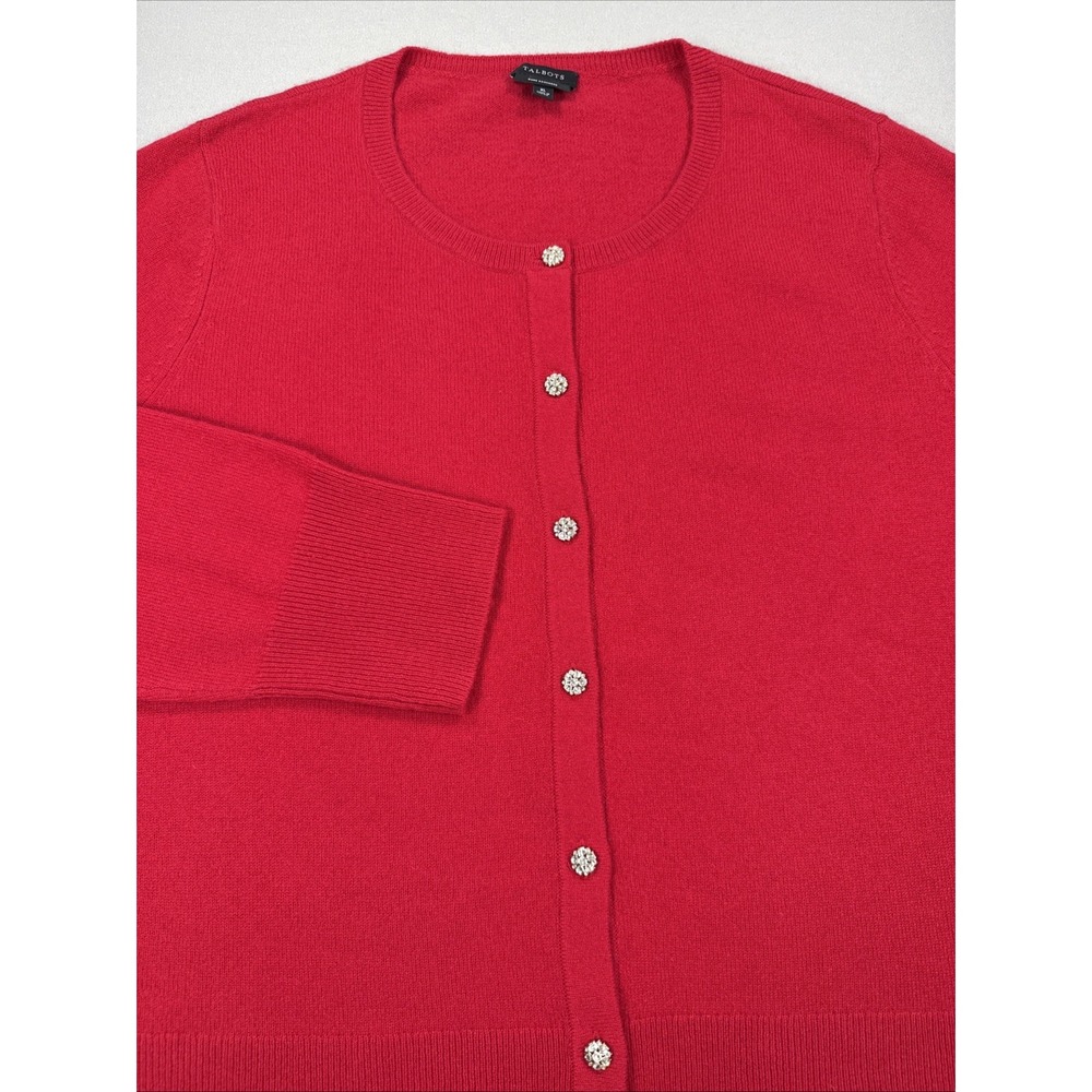 Talbots Sweater Women's XL Red Pure Cashmere Long Sleeve Cardigan Rhinestones